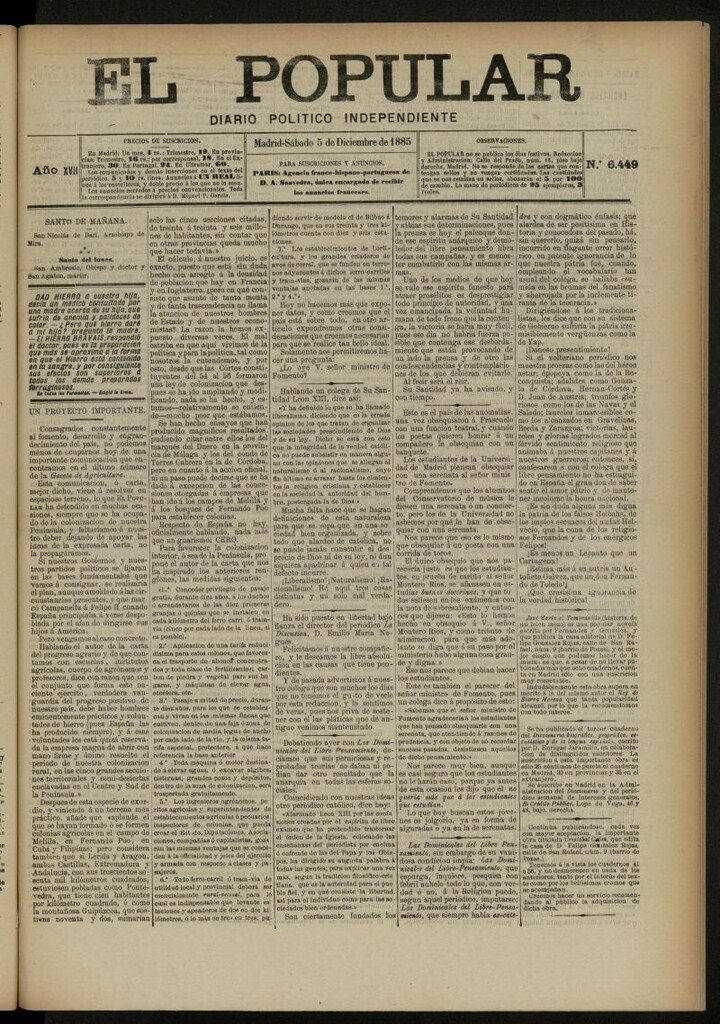 Miniatura de El Popular: diario independiente, político, literario y de noticias de interés general del 5 de diciembre de 1885, nº 6449