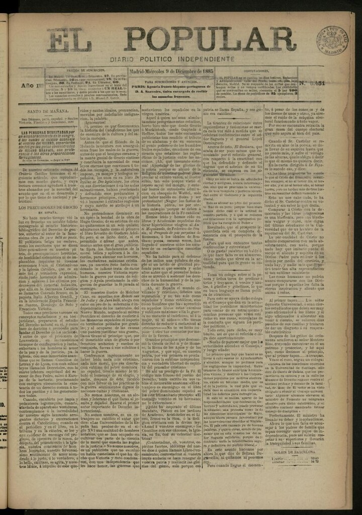 Miniatura de El Popular: diario independiente, político, literario y de noticias de interés general del 9 de diciembre de 1885, nº 6451