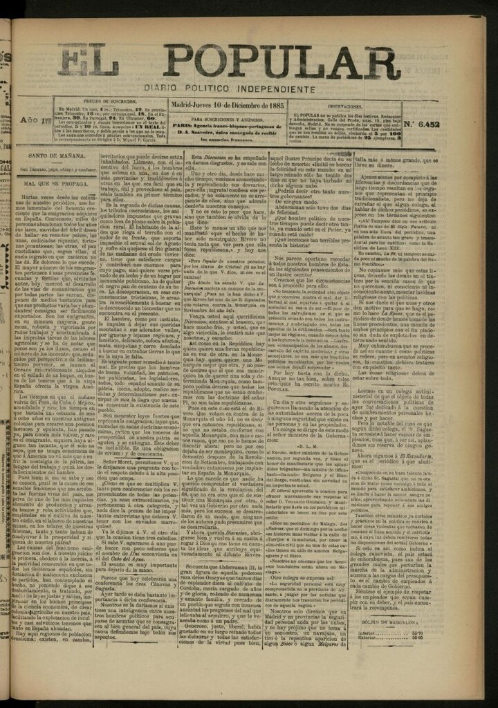 Miniatura de El Popular: diario independiente, político, literario y de noticias de interés general del 10 de diciembre de 1885, nº 6452