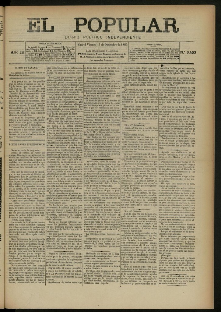 Miniatura de El Popular: diario independiente, político, literario y de noticias de interés general del 11 de diciembre de 1885, nº 6453