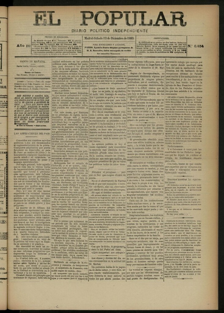 Miniatura de El Popular: diario independiente, político, literario y de noticias de interés general del 12 de diciembre de 1885, nº 6454