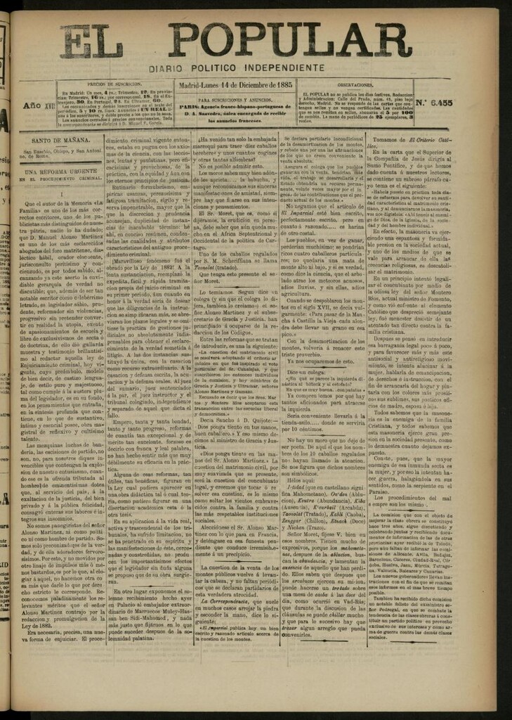 Miniatura de El Popular: diario independiente, político, literario y de noticias de interés general del 14 de diciembre de 1885, nº 6455