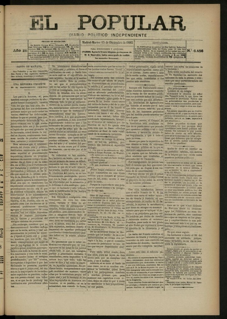 Miniatura de El Popular: diario independiente, político, literario y de noticias de interés general del 15 de diciembre de 1885, nº 6456
