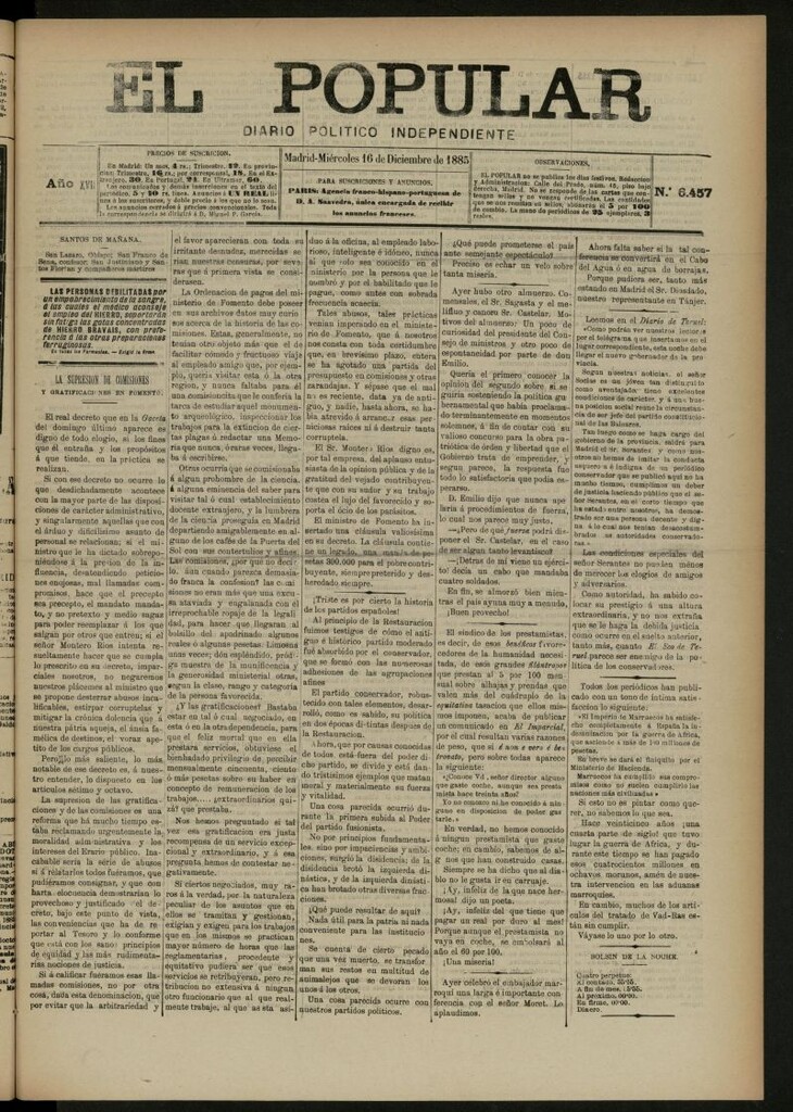 Miniatura de El Popular: diario independiente, político, literario y de noticias de interés general del 16 de diciembre de 1885, nº 6457
