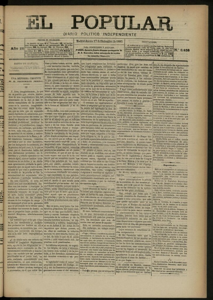 Miniatura de El Popular: diario independiente, político, literario y de noticias de interés general del 17 de diciembre de 1885, nº 6458