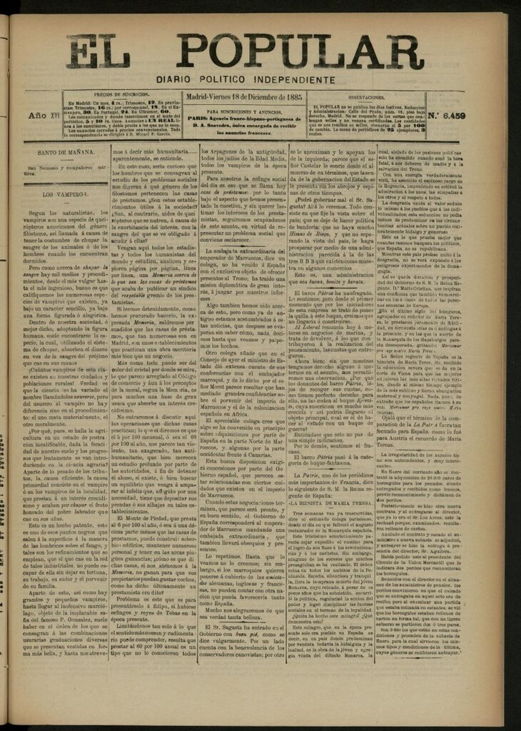 Miniatura de El Popular: diario independiente, político, literario y de noticias de interés general del 18 de diciembre de 1885, nº 6459