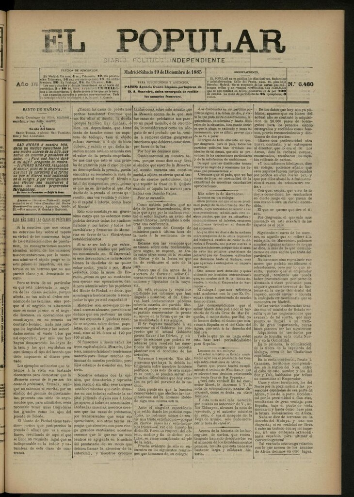 Miniatura de El Popular: diario independiente, político, literario y de noticias de interés general del 19 de diciembre de 1885, nº 6460