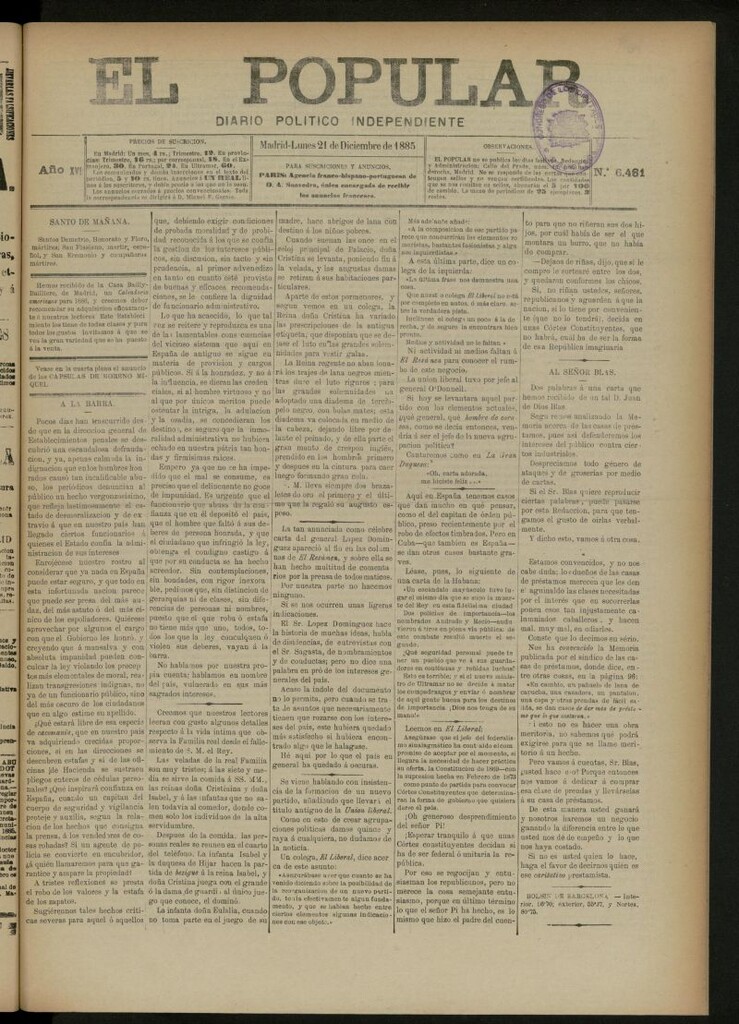 Miniatura de El Popular: diario independiente, político, literario y de noticias de interés general del 21 de diciembre de 1885, nº 6461