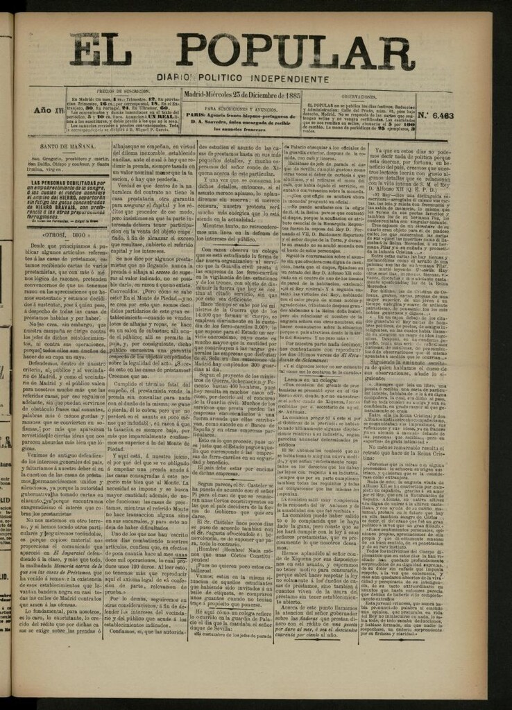Miniatura de El Popular: diario independiente, político, literario y de noticias de interés general del 23 de diciembre de 1885, nº 6463