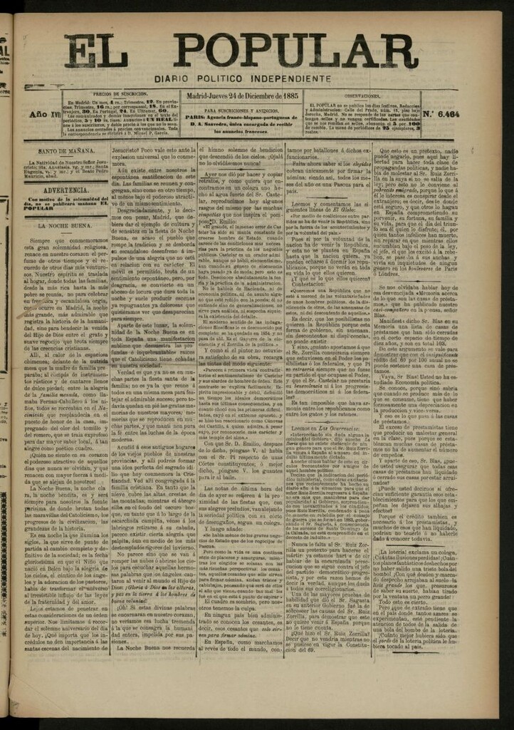 Miniatura de El Popular: diario independiente, político, literario y de noticias de interés general del 24 de diciembre de 1885, nº 6464