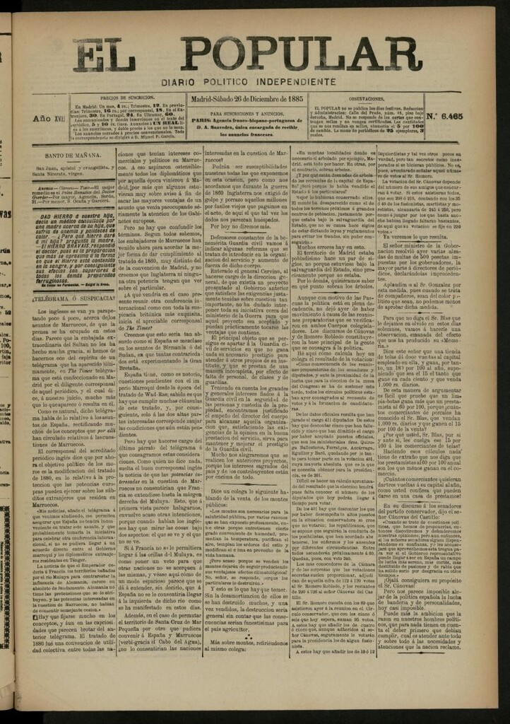 Miniatura de El Popular: diario independiente, político, literario y de noticias de interés general del 26 de diciembre de 1885, nº 6465