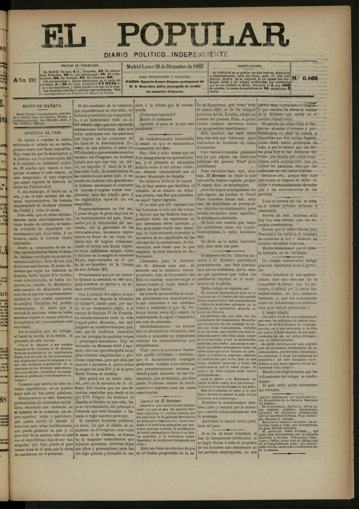 Miniatura de El Popular: diario independiente, político, literario y de noticias de interés general del 28 de diciembre de 1885, nº 6466