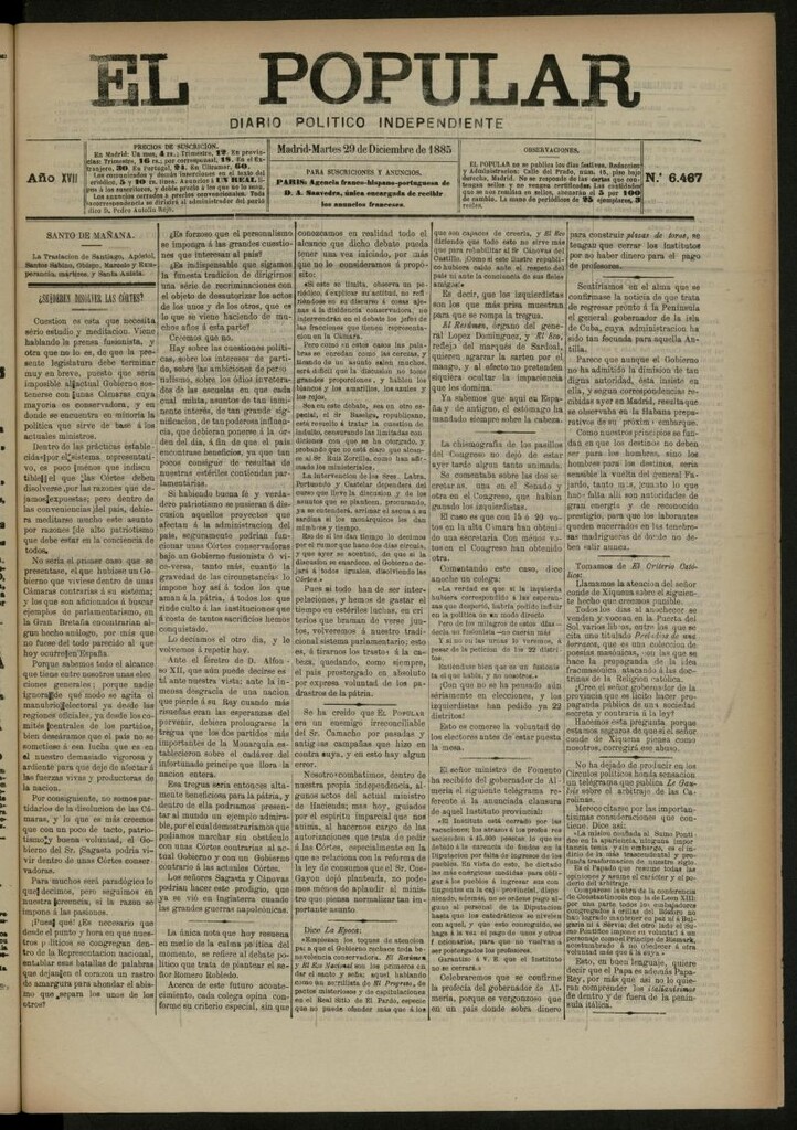 Miniatura de El Popular: diario independiente, político, literario y de noticias de interés general del 29 de diciembre de 1885, nº 6467