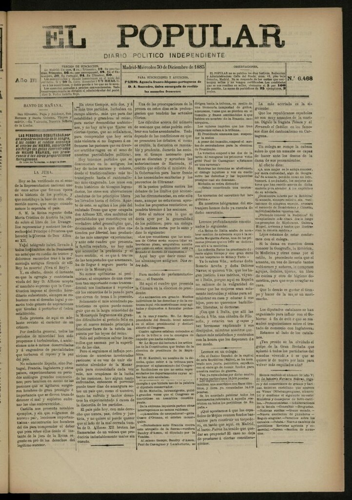 Miniatura de El Popular: diario independiente, político, literario y de noticias de interés general del 30 de diciembre de 1885, nº 6468