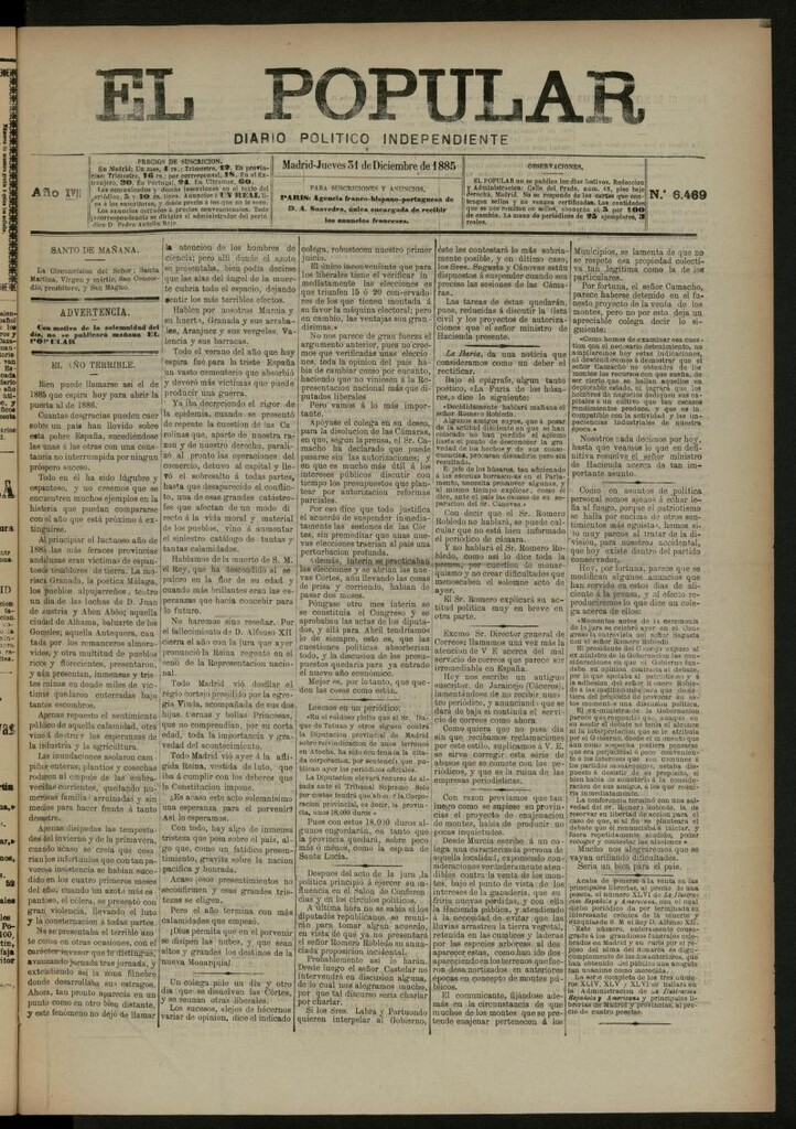 Miniatura de El Popular: diario independiente, político, literario y de noticias de interés general del 31 de diciembre de 1885, nº 6469