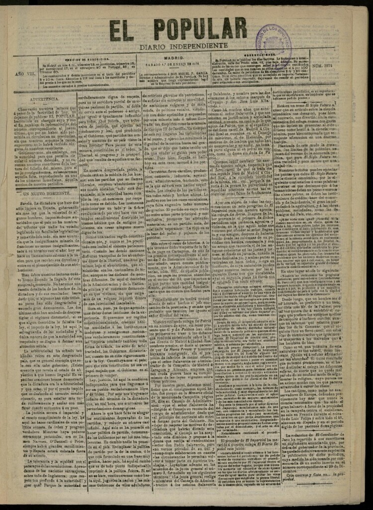 Miniatura de El Popular: diario independiente, político, literario y de noticias de interés general del 1 de enero de 1876, nº 1974