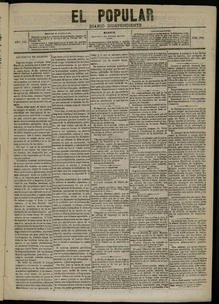 Miniatura de El Popular: diario independiente, político, literario y de noticias de interés general del 4 de enero de 1876, nº 1976