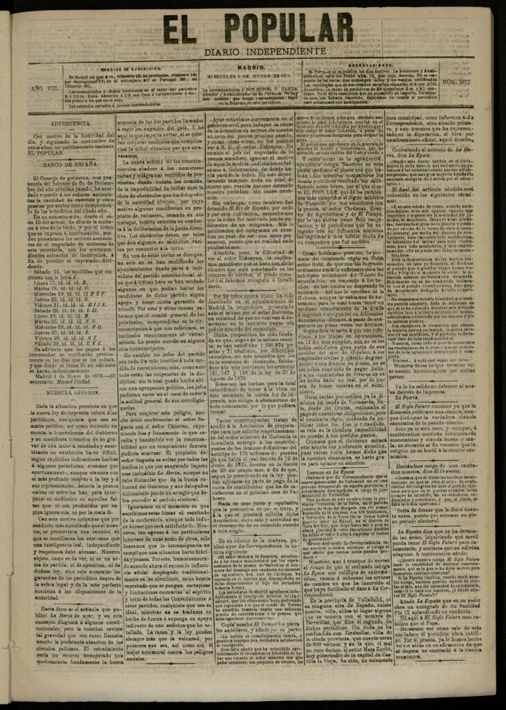 Miniatura de El Popular: diario independiente, político, literario y de noticias de interés general del 5 de enero de 1876, nº 1977