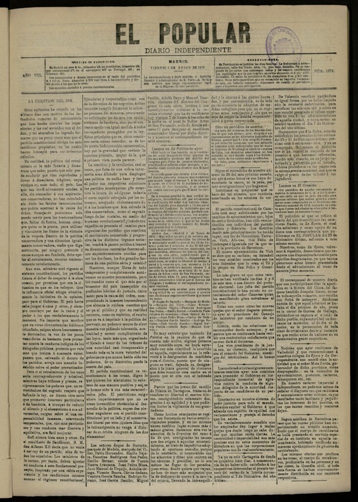 Miniatura de El Popular: diario independiente, político, literario y de noticias de interés general del 7 de enero de 1876, nº 1978