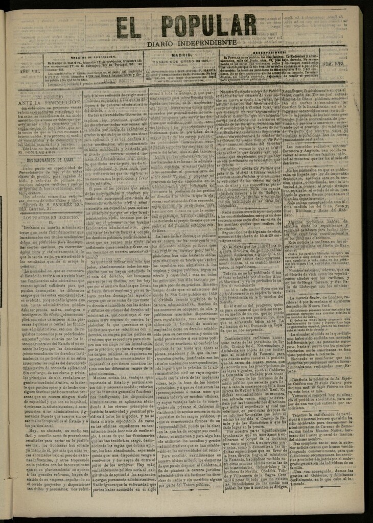 Miniatura de El Popular: diario independiente, político, literario y de noticias de interés general del 8 de enero de 1876, nº 1979