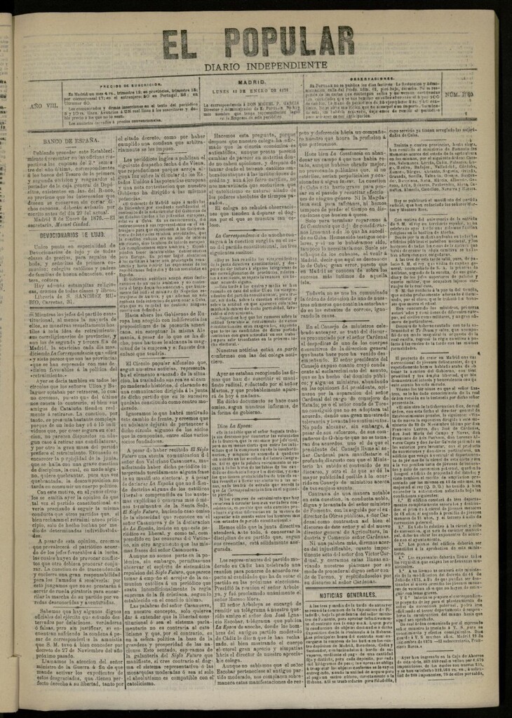 Miniatura de El Popular: diario independiente, político, literario y de noticias de interés general del 10 de enero de 1876, nº 1980