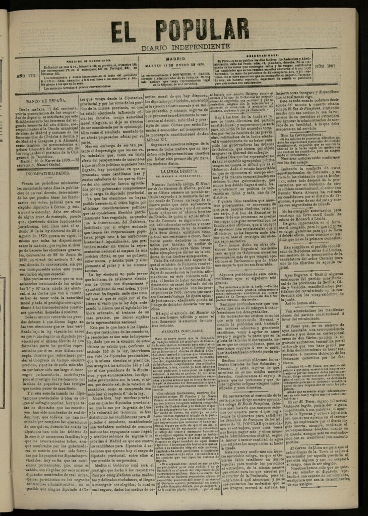 Miniatura de El Popular: diario independiente, político, literario y de noticias de interés general del 11 de enero de 1876, nº 1981