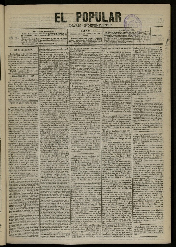 Miniatura de El Popular: diario independiente, político, literario y de noticias de interés general del 12 de enero de 1876, nº 1982