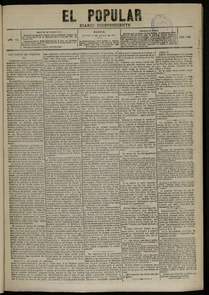 Miniatura de El Popular: diario independiente, político, literario y de noticias de interés general del 13 de enero de 1876, nº 1983