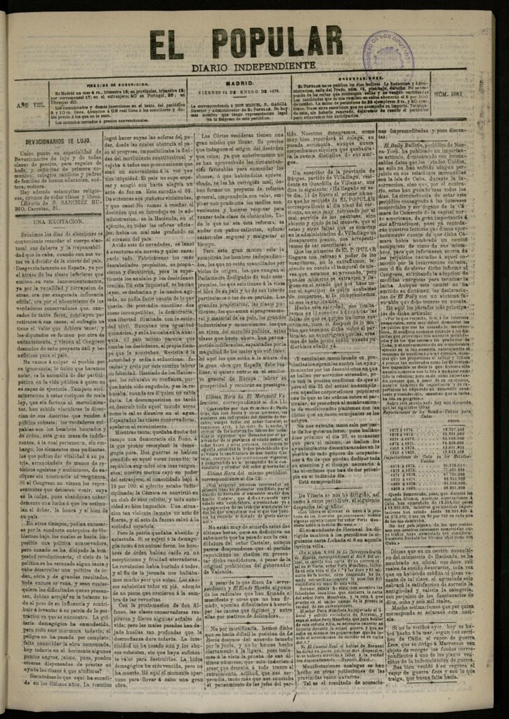 Miniatura de El Popular: diario independiente, político, literario y de noticias de interés general del 14 de enero de 1876, nº 1984