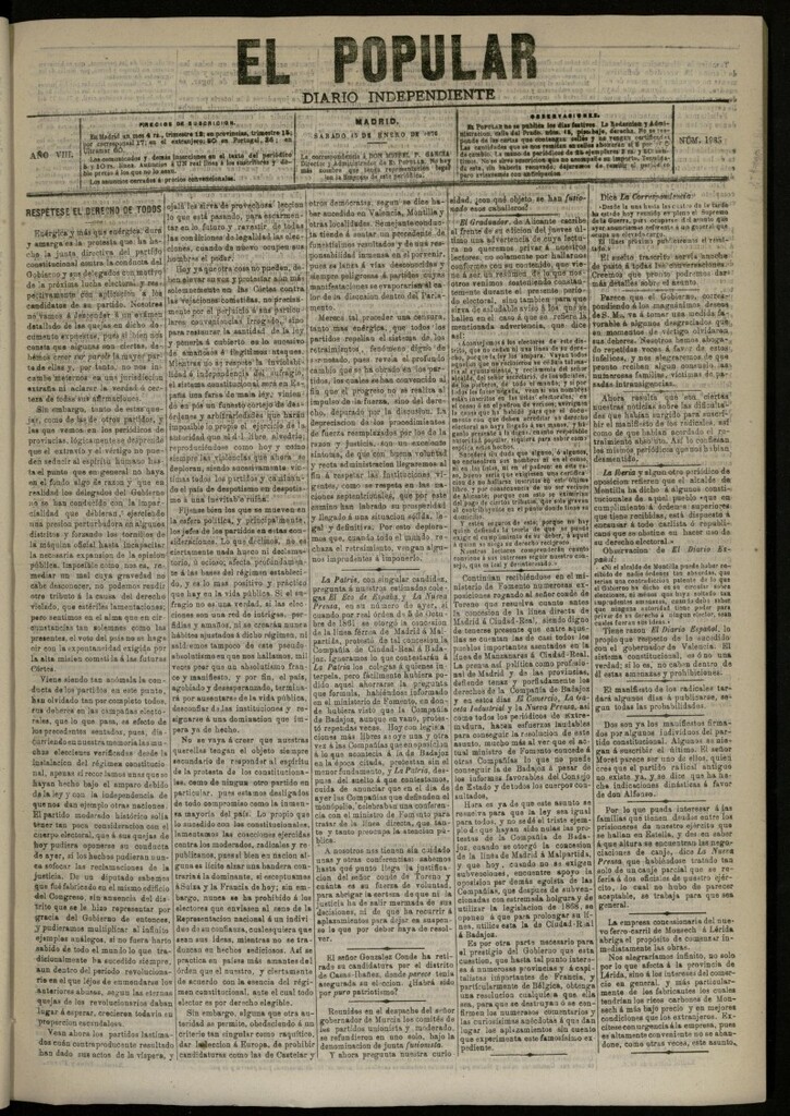 Miniatura de El Popular: diario independiente, político, literario y de noticias de interés general del 15 de enero de 1876, nº 1985