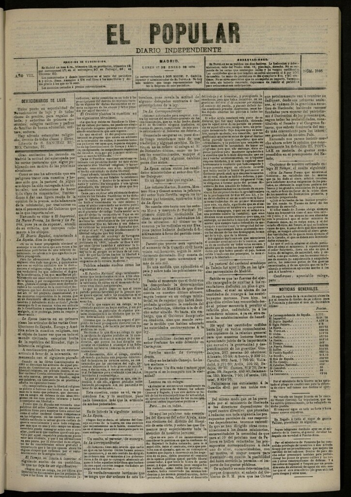 Miniatura de El Popular: diario independiente, político, literario y de noticias de interés general del 17 de enero de 1876, nº 1986