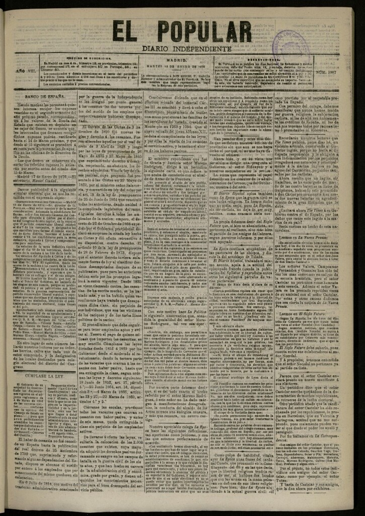 Miniatura de El Popular: diario independiente, político, literario y de noticias de interés general del 18 de enero de 1876, nº 1987