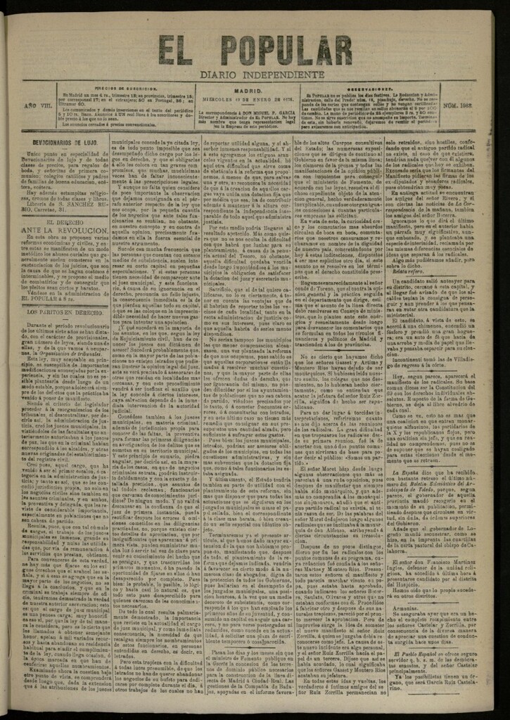 Miniatura de El Popular: diario independiente, político, literario y de noticias de interés general del 19 de enero de 1876, nº 1988