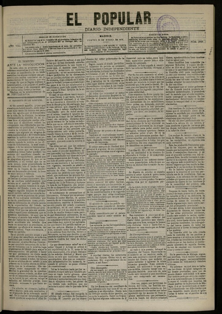 Miniatura de El Popular: diario independiente, político, literario y de noticias de interés general del 20 de enero de 1876, nº 1989