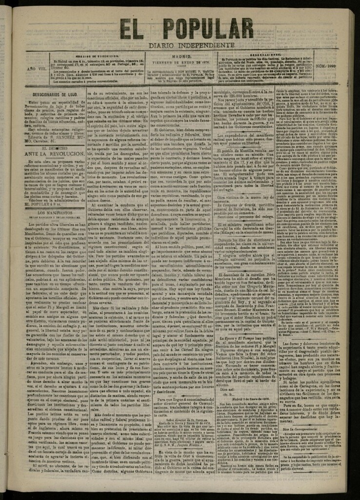 Miniatura de El Popular: diario independiente, político, literario y de noticias de interés general del 21 de enero de 1876, nº 1990