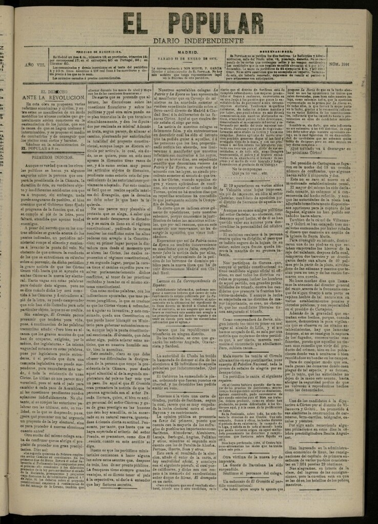 Miniatura de El Popular: diario independiente, político, literario y de noticias de interés general del 22 de enero de 1876, nº 1991