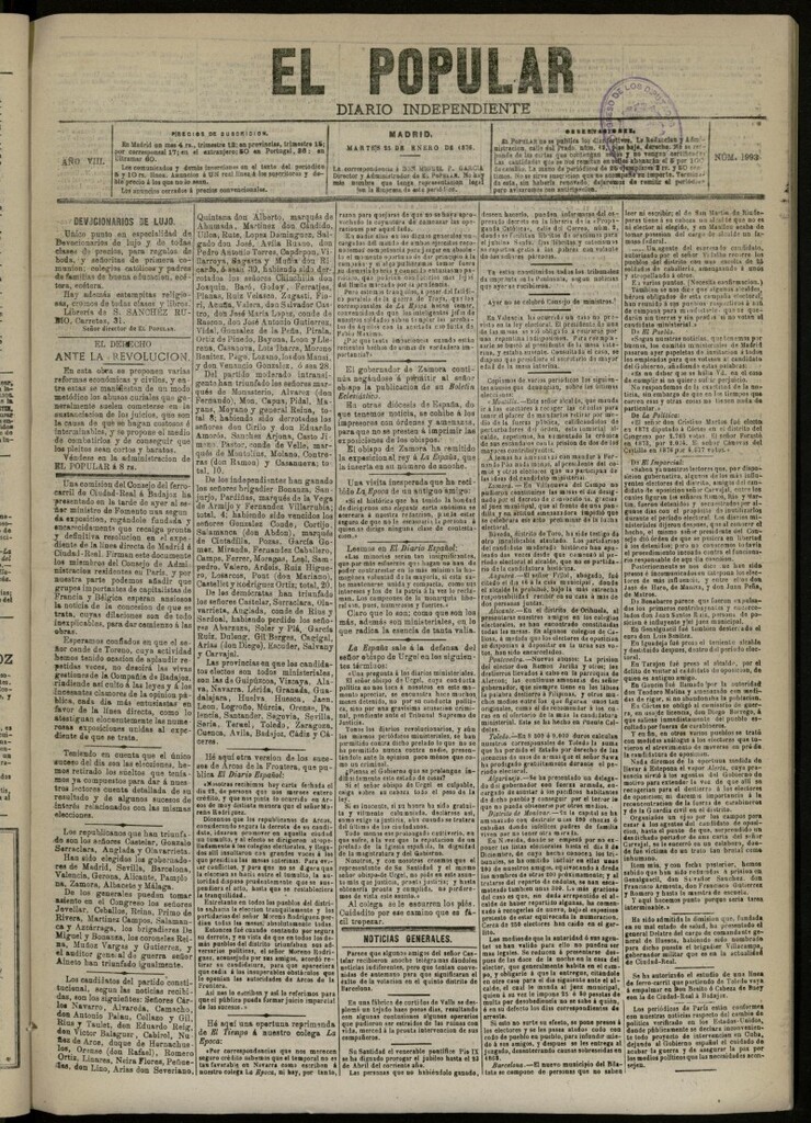 Miniatura de El Popular: diario independiente, político, literario y de noticias de interés general del 25 de enero de 1876, nº 1993