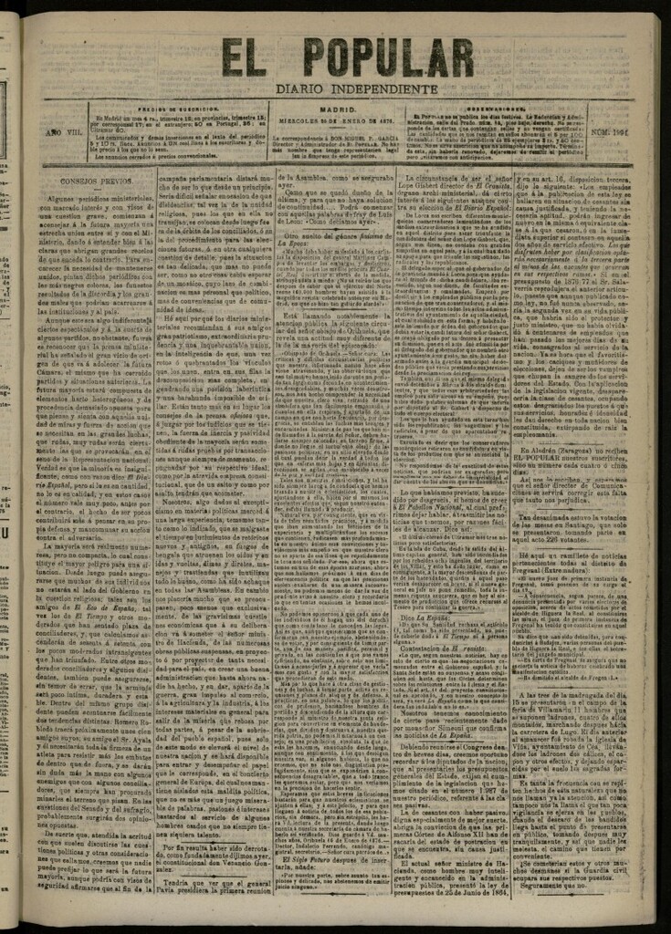 Miniatura de El Popular: diario independiente, político, literario y de noticias de interés general del 26 de enero de 1876, nº 1994