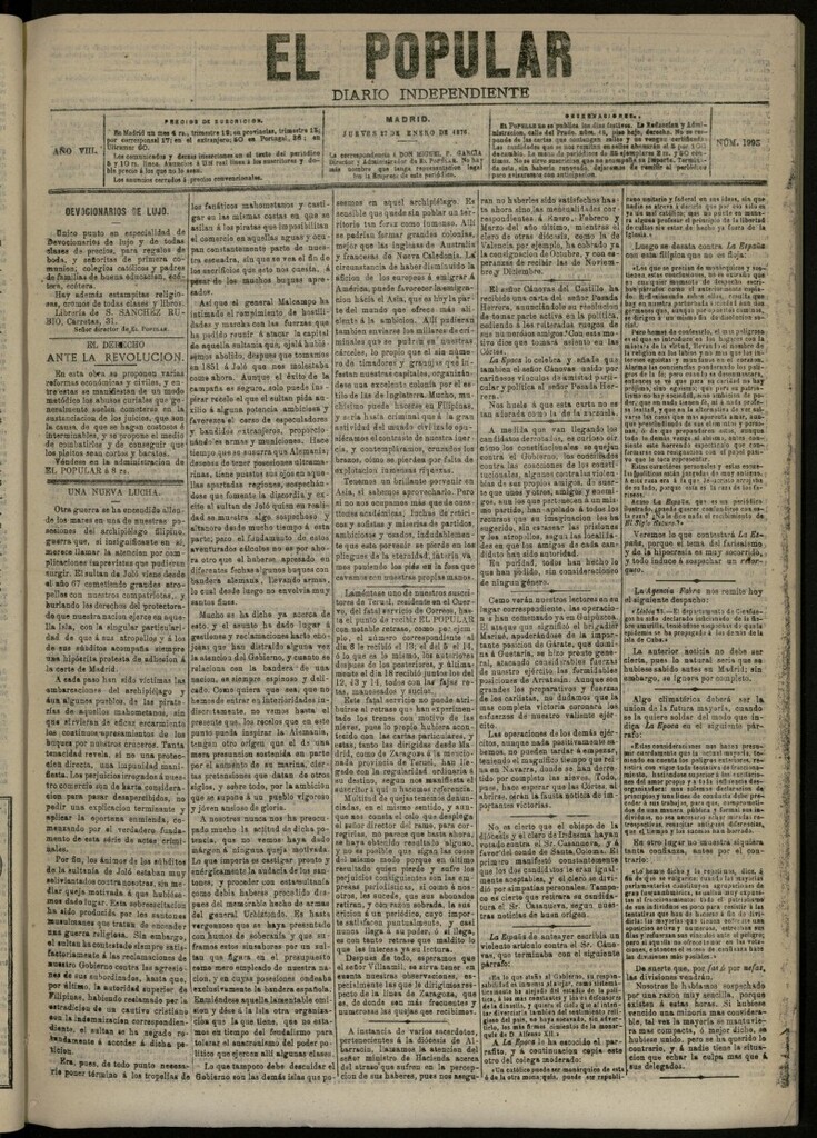 Miniatura de El Popular: diario independiente, político, literario y de noticias de interés general del 27 de enero de 1876, nº 1995