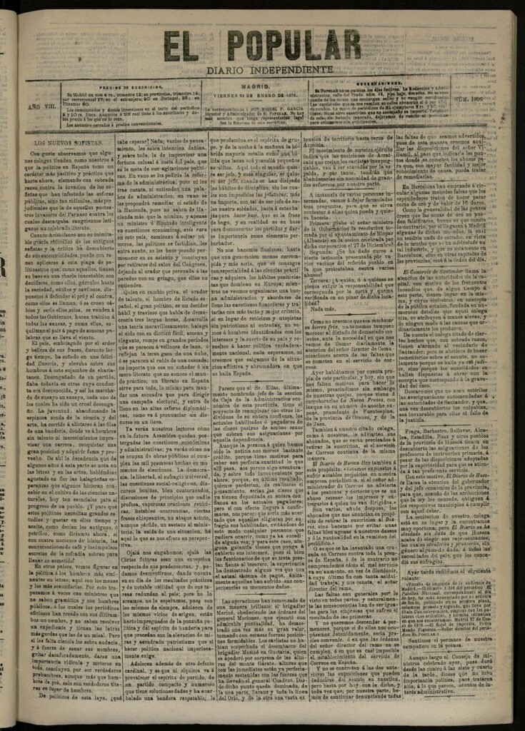 Miniatura de El Popular: diario independiente, político, literario y de noticias de interés general del 28 de enero de 1876, nº 1996