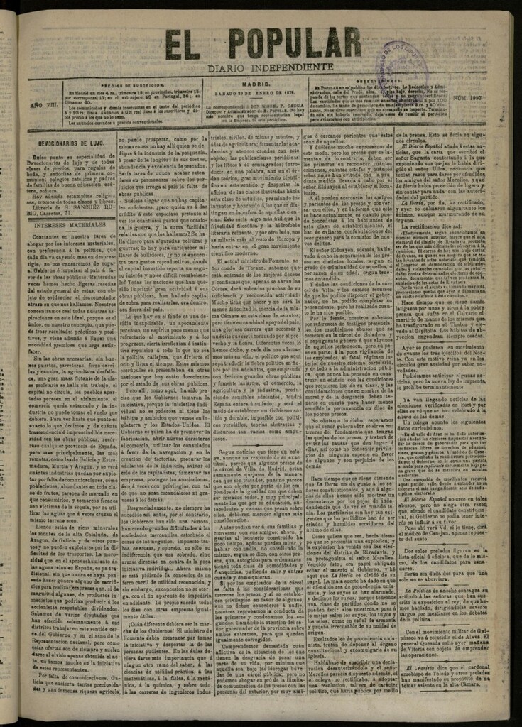 Miniatura de El Popular: diario independiente, político, literario y de noticias de interés general del 29 de enero de 1876, nº 1997