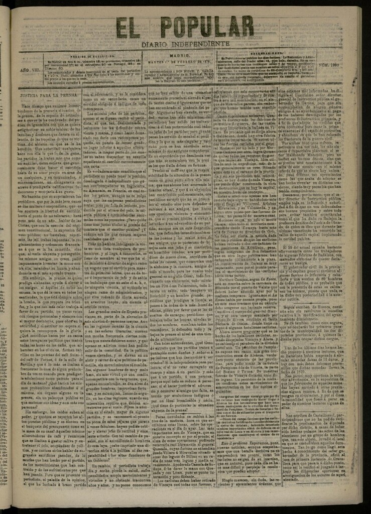 Miniatura de El Popular: diario independiente, político, literario y de noticias de interés general del 1 de febrero de 1876, nº 1999