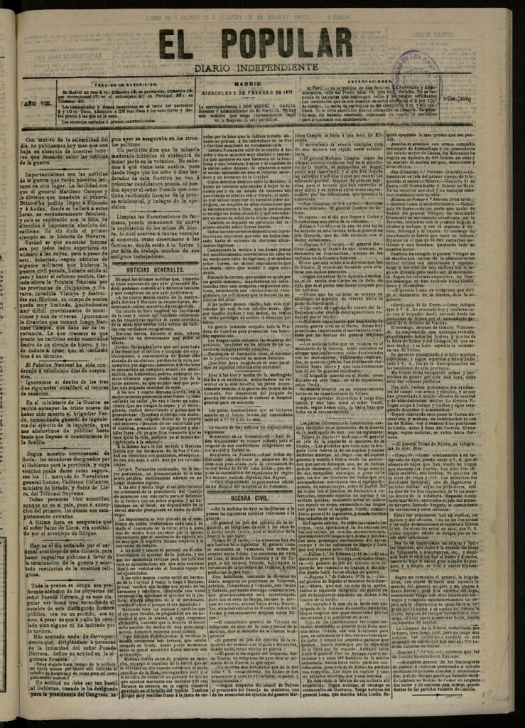 Miniatura de El Popular: diario independiente, político, literario y de noticias de interés general del 2 de febrero de 1876, nº 2000