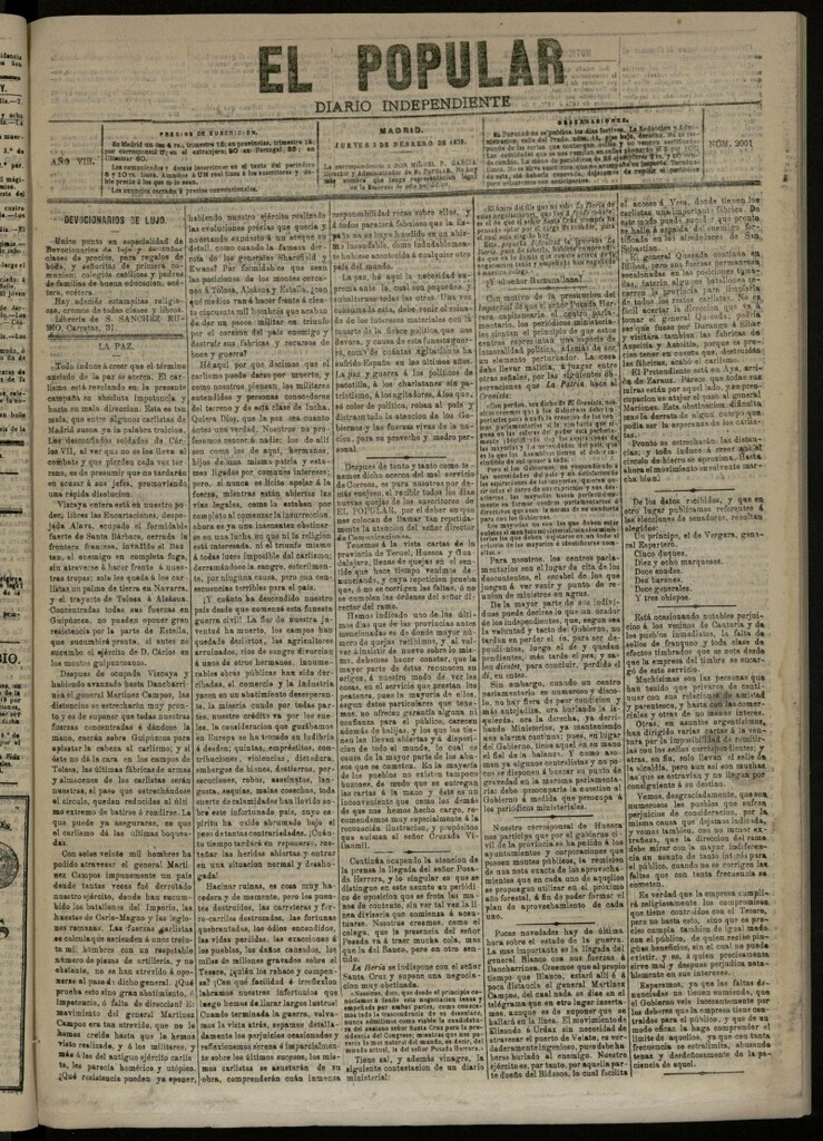 Miniatura de El Popular: diario independiente, político, literario y de noticias de interés general del 3 de febrero de 1876, nº 2001