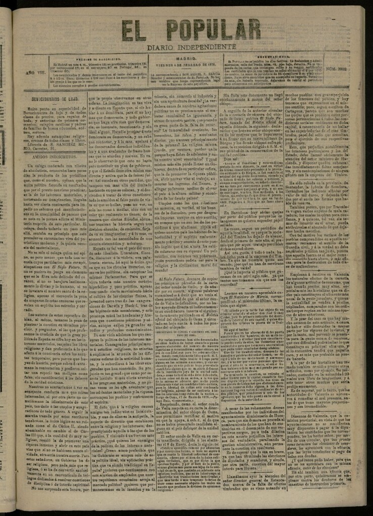 Miniatura de El Popular: diario independiente, político, literario y de noticias de interés general del 4 de febrero de 1876, nº 2002