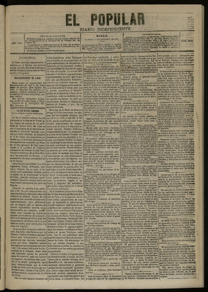 Miniatura de El Popular: diario independiente, político, literario y de noticias de interés general del 5 de febrero de 1876, nº 2003