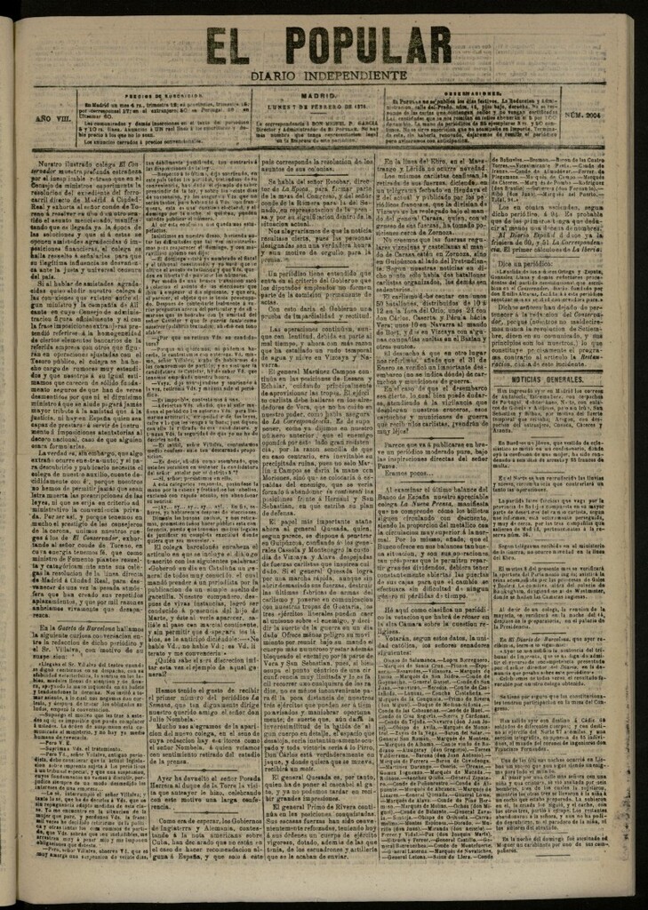 Miniatura de El Popular: diario independiente, político, literario y de noticias de interés general del 7 de febrero de 1876, nº 2004