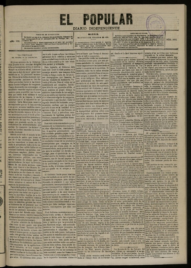 Miniatura de El Popular: diario independiente, político, literario y de noticias de interés general del 8 de febrero de 1876, nº 2005