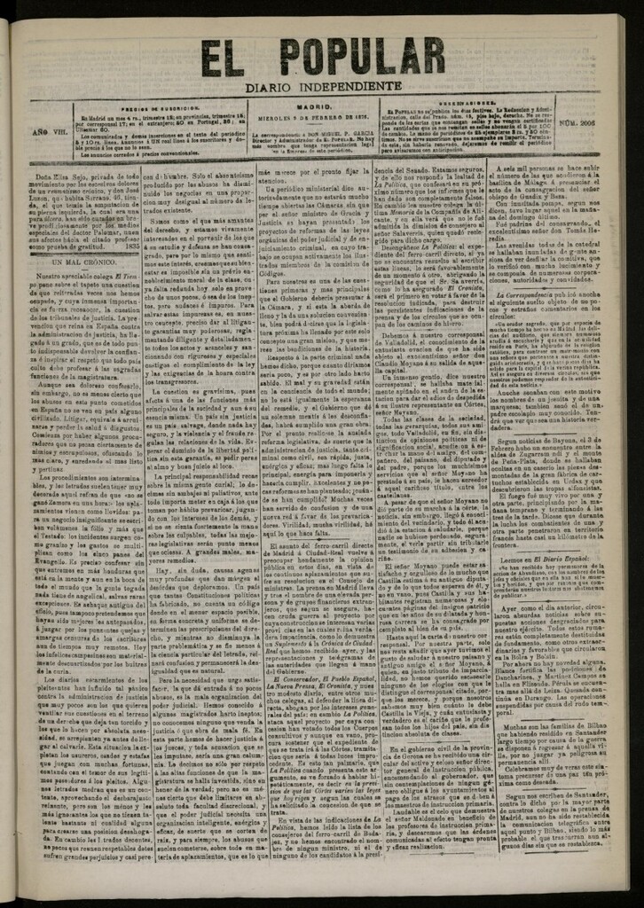 Miniatura de El Popular: diario independiente, político, literario y de noticias de interés general del 9 de febrero de 1876, nº 2006