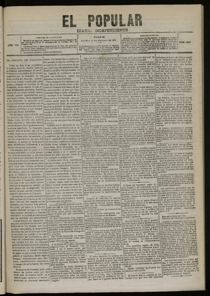 Miniatura de El Popular: diario independiente, político, literario y de noticias de interés general del 10 de febrero de 1876, nº 2007